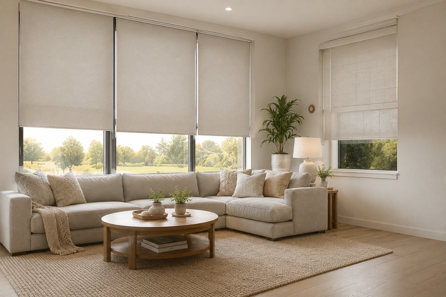 Roller blinds installed in a modern Sydney living room